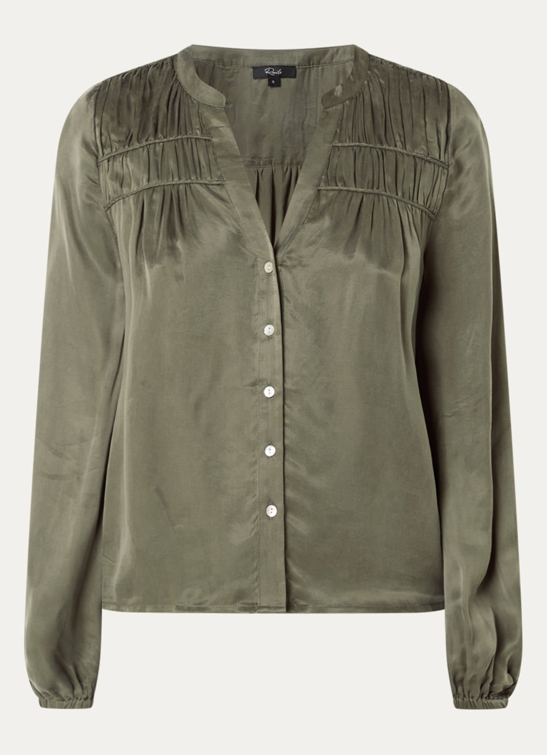 Rails Cadence blouse met glanzende finish en ballonmouw - voorkant 3 olijfgroen