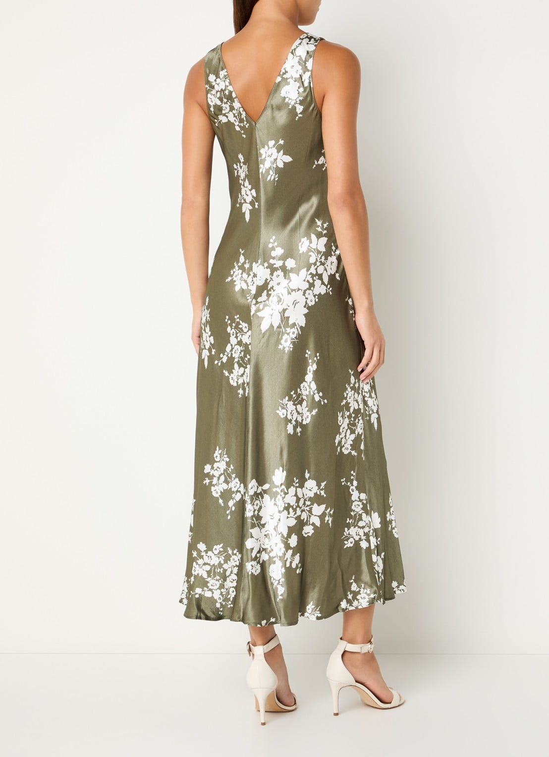 Rails Camelia maxi jurk van satijn met print - achterkant 4 mosgroen