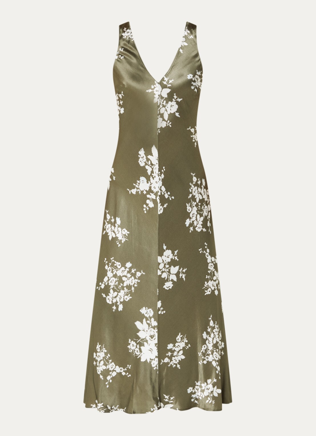 Rails Camelia maxi jurk van satijn met print - voorkant 2 mosgroen
