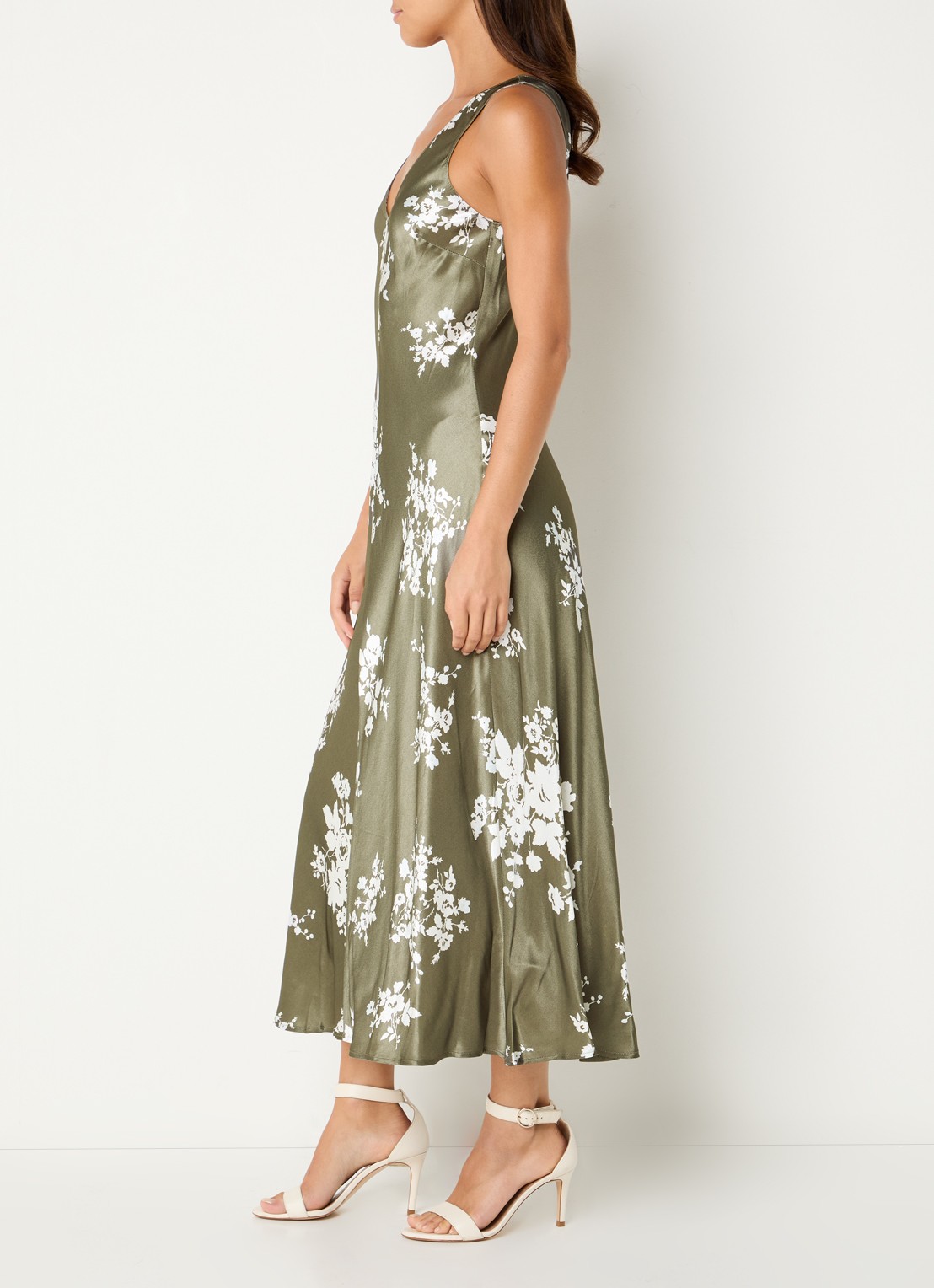 Rails Camelia maxi jurk van satijn met print - voorkant 3 mosgroen