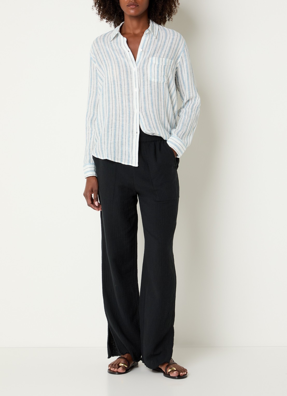 Rails Charli blouse in linnenblend met streepprint - voorkant 3 blauwgrijs