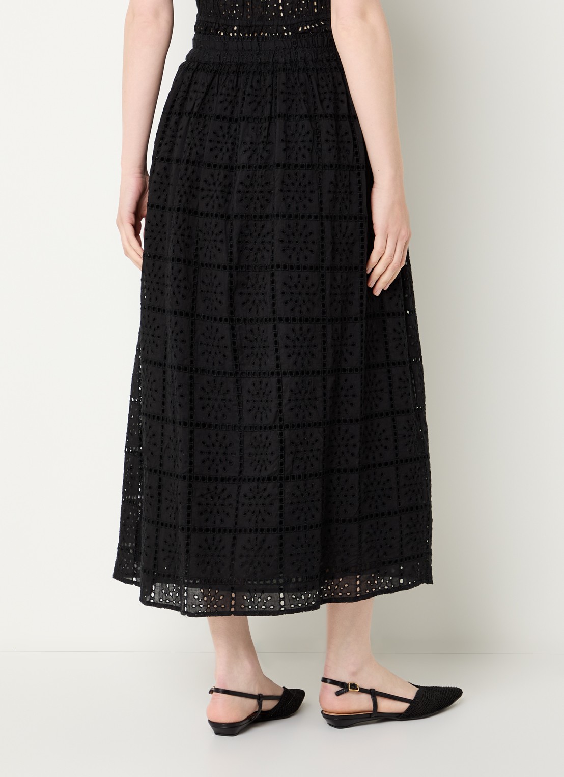 Rails High waist midi rok met broderie - achterkant zwart