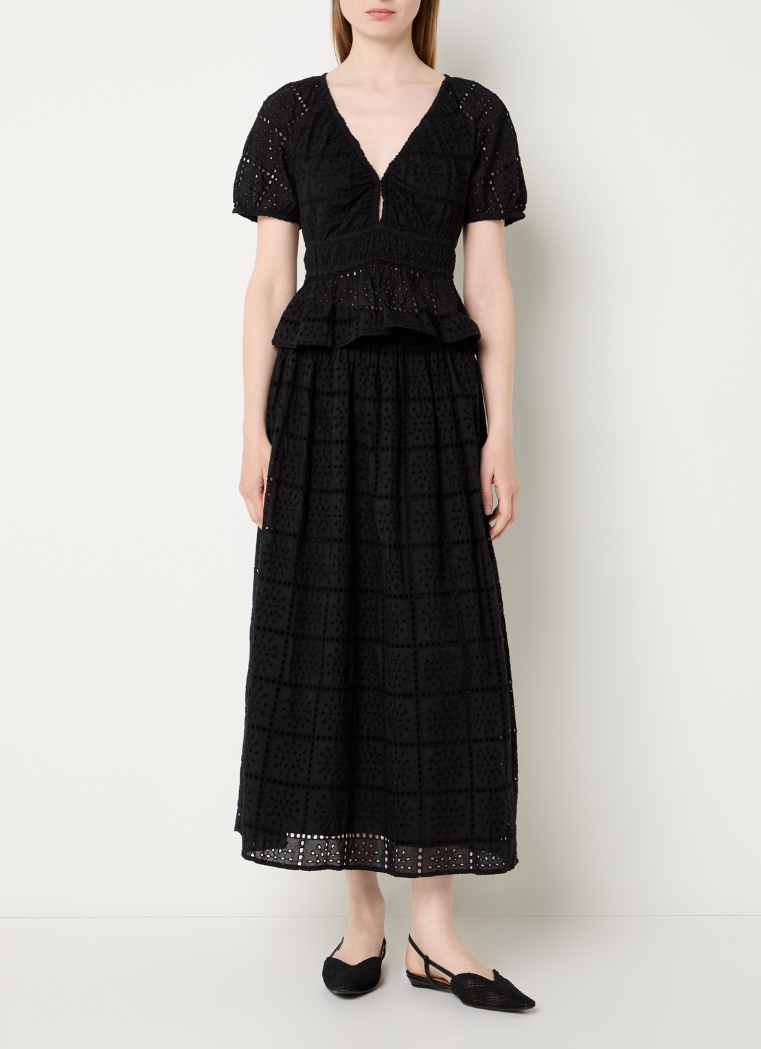 Rails High waist midi rok met broderie - voorkant 3 zwart