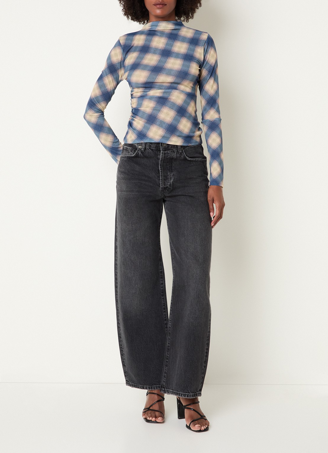 Rails Joelle semi-transparante top met ruitdessin - voorkant 3 blauwgrijs