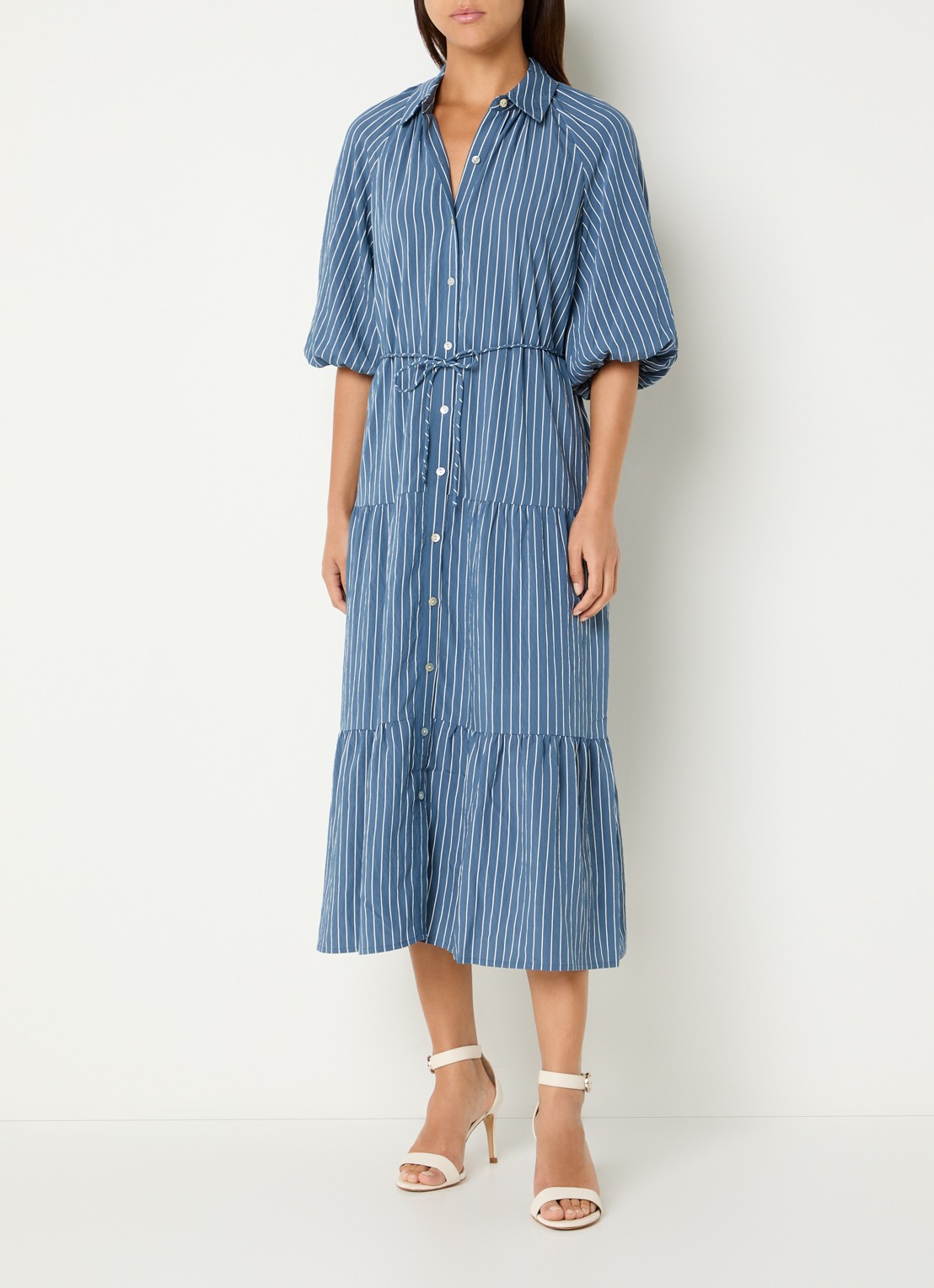 Rails June maxi A-lijn blousejurk met streepprint en strikceintuur - detail blauwgrijs