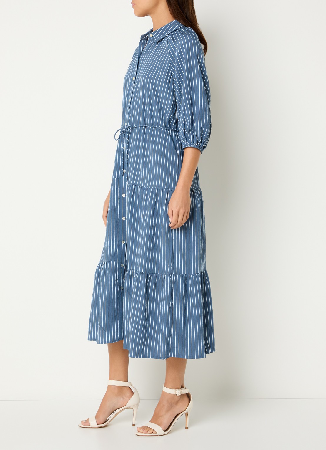 Rails June maxi A-lijn blousejurk met streepprint en strikceintuur - voorkant 3 blauwgrijs