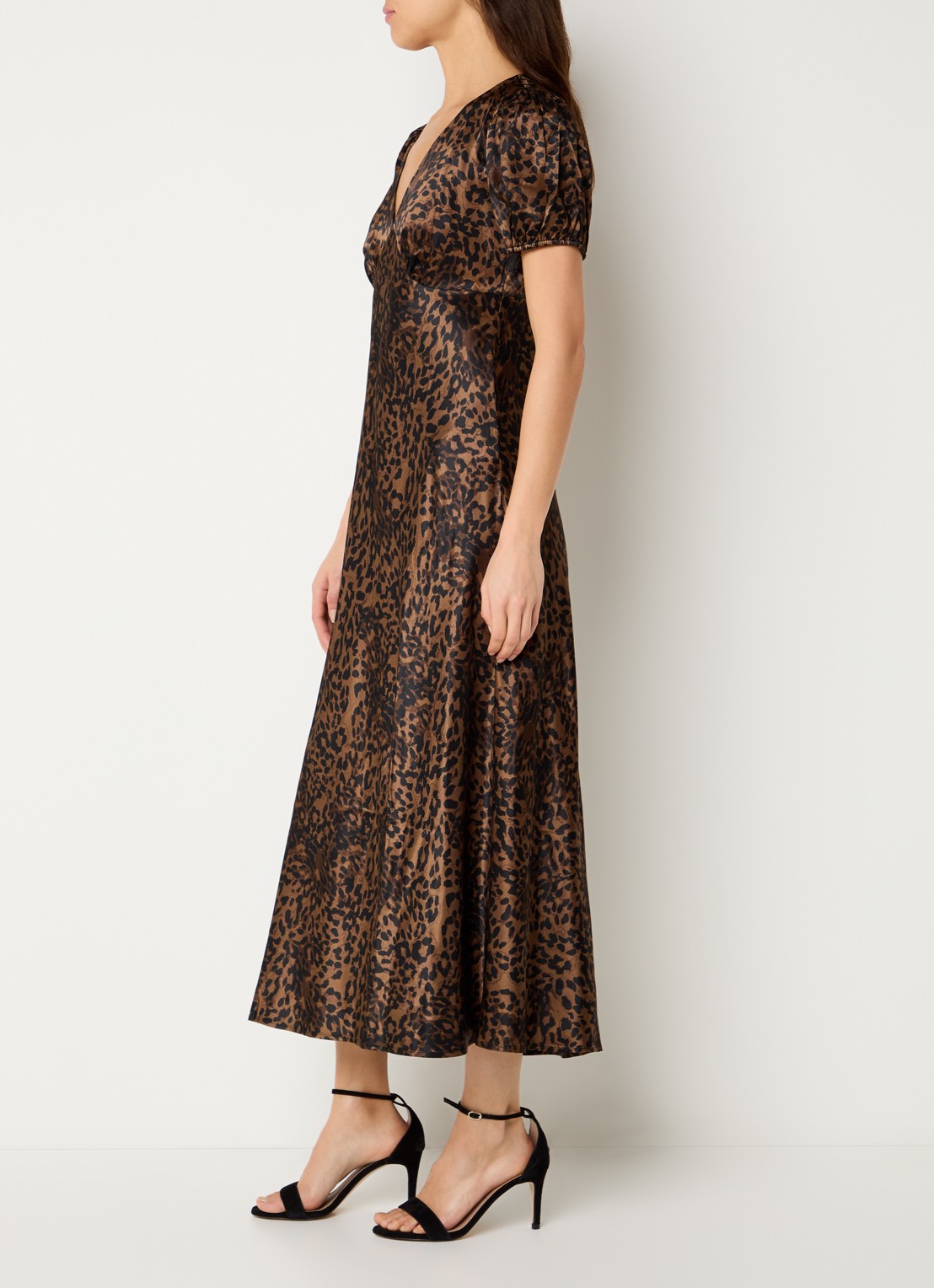 Rails Junia midi jurk van satijn met panterprint - voorkant 3 bruin