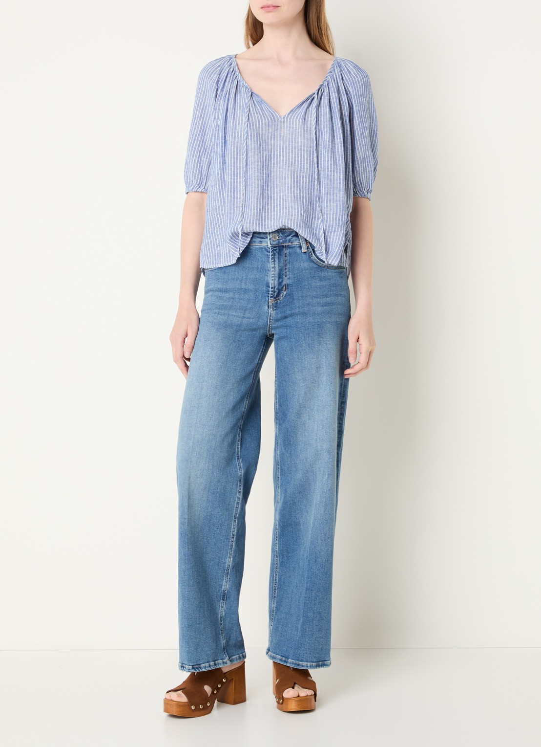 Rails Kirstie tuniek in linnenblend met streepprint en pofmouw - voorkant 4 lichtblauw