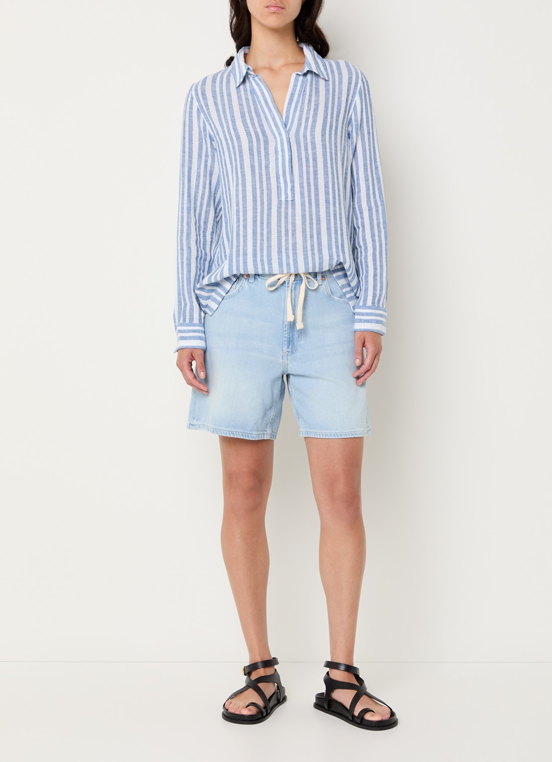 Rails Lagoon tuniek in linnenblend met streepprint - voorkant 2 blauwgrijs