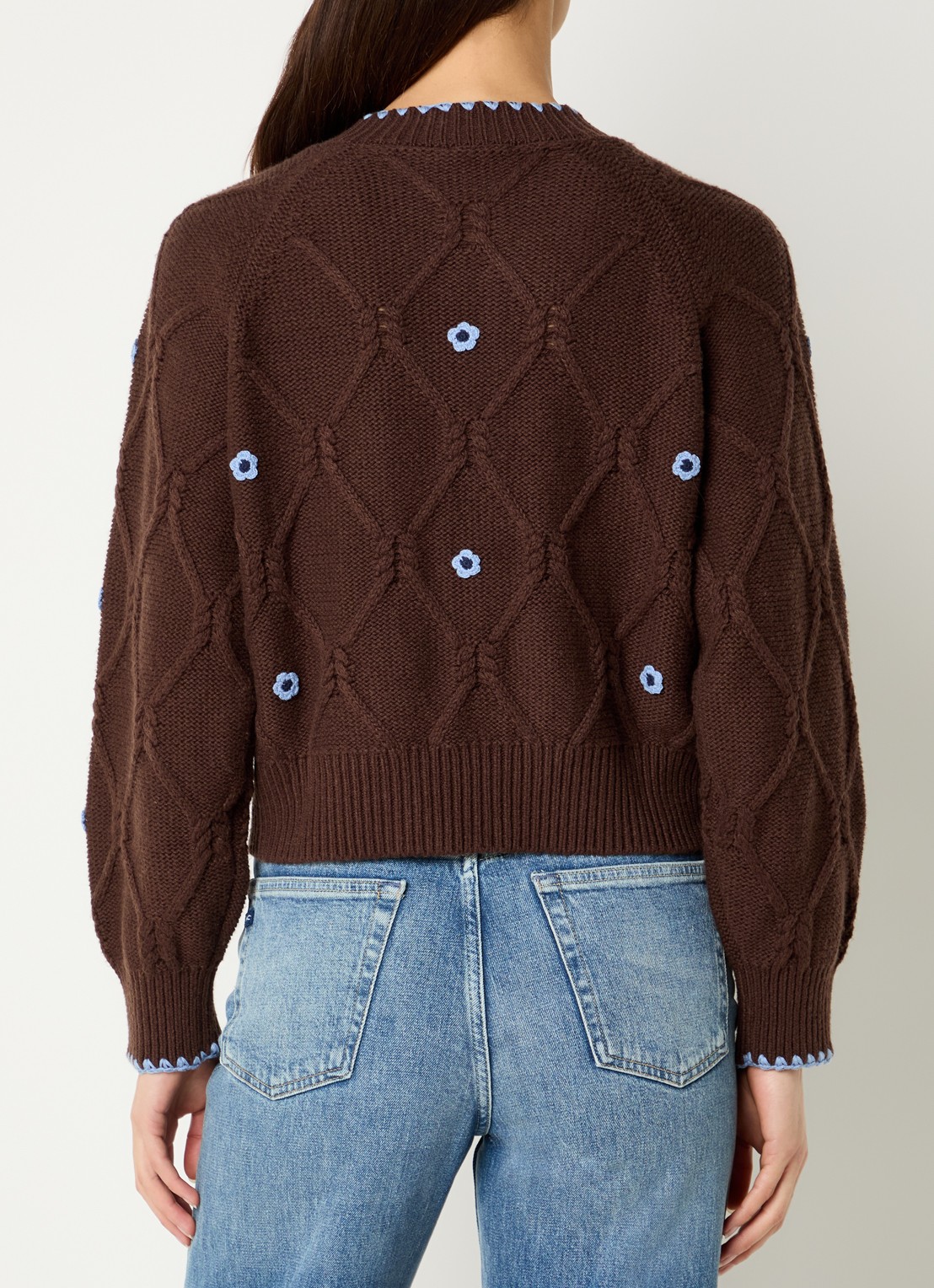 Rails Laurie kabelgebreid vest met bloemenprint - achterkant chocoladebruin