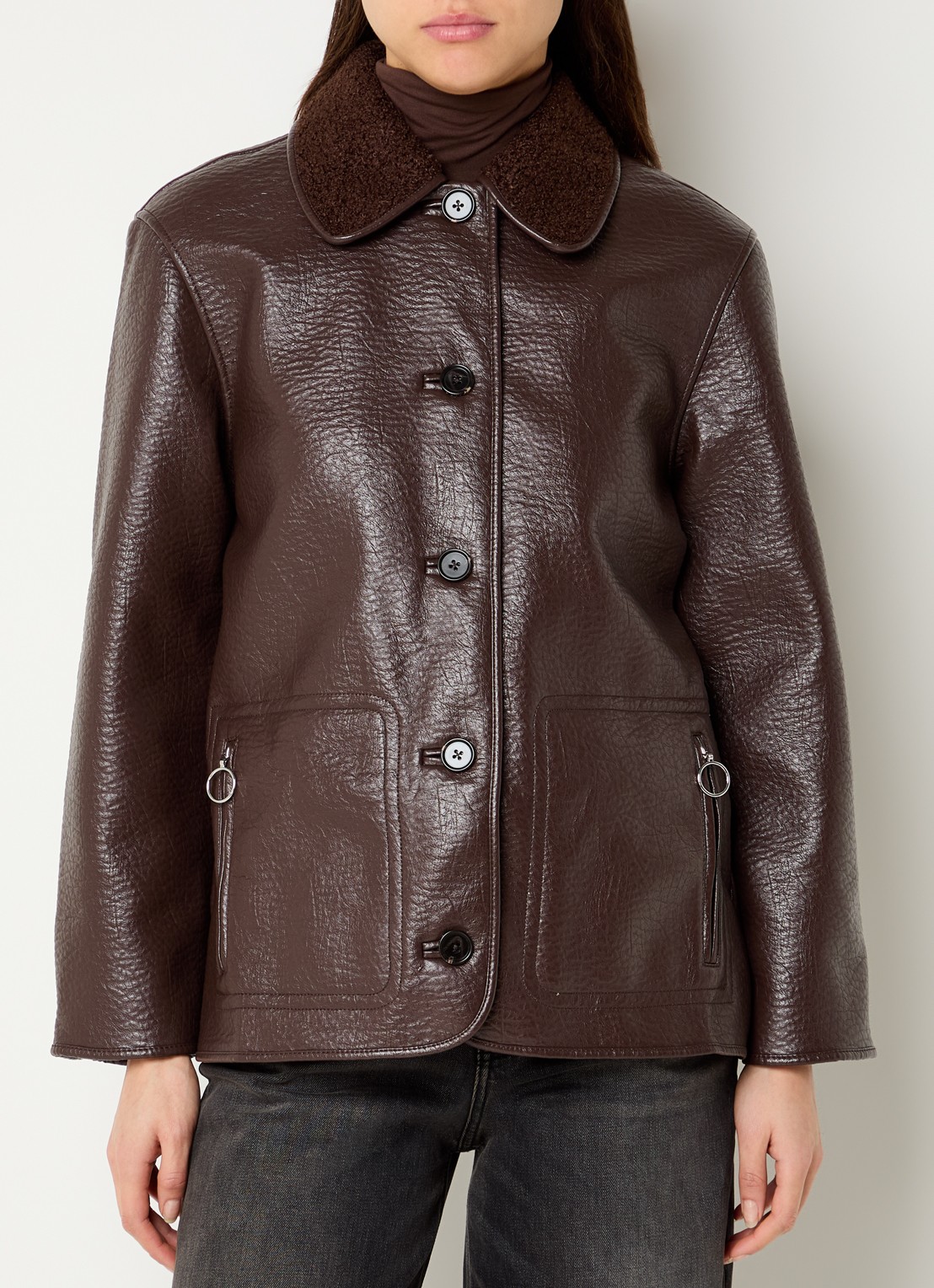Rails Luis lammy coat met ritszakken - detail 4 kastanjebruin