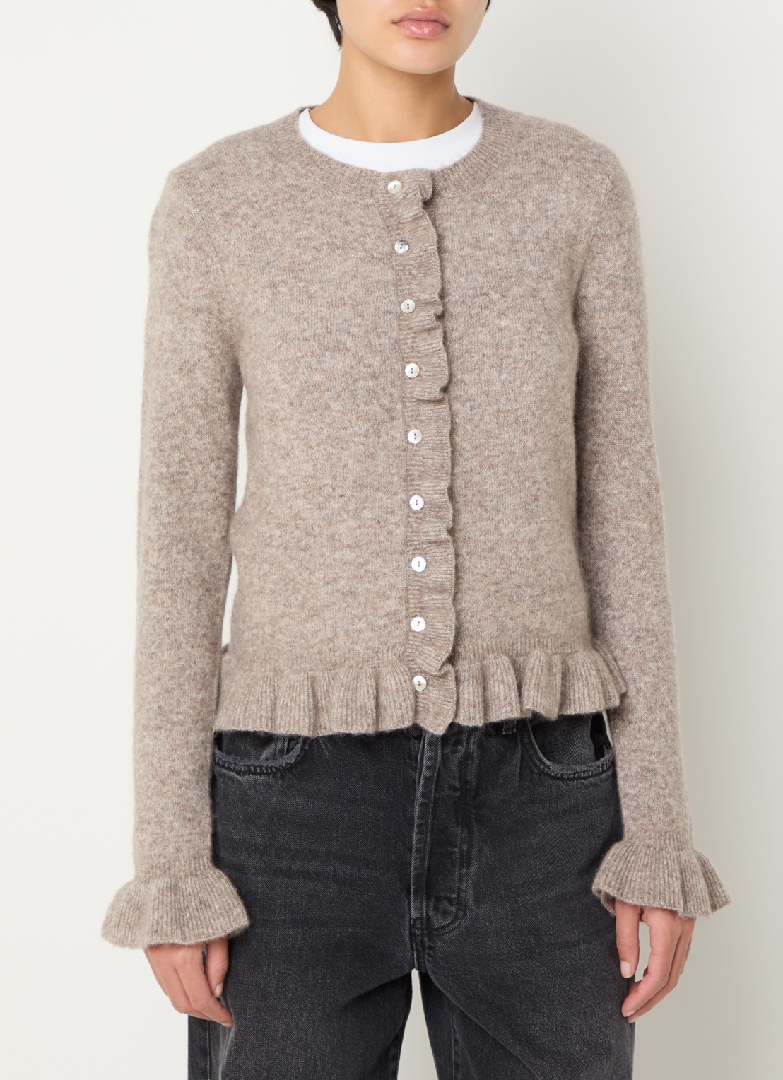Rails Mandy fijngebreid vest in kasjmierblend met peplum - detail donkerbeige