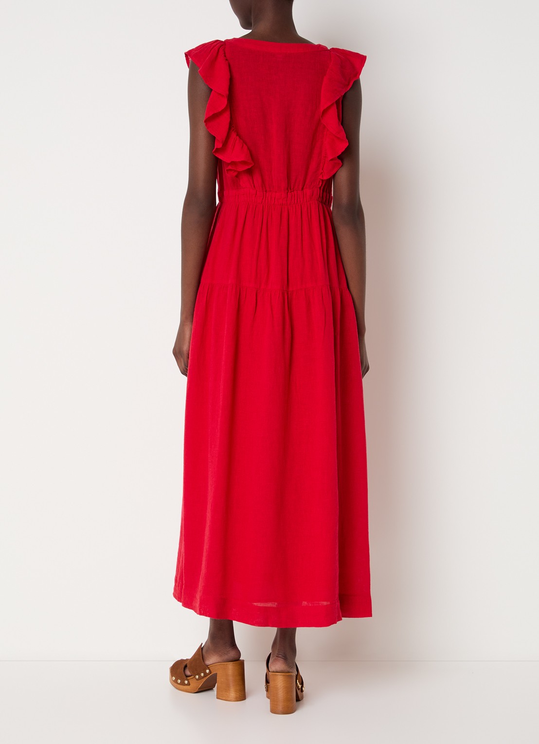 Rails Maxi jurk in linnenblend met ruches - achterkant rood
