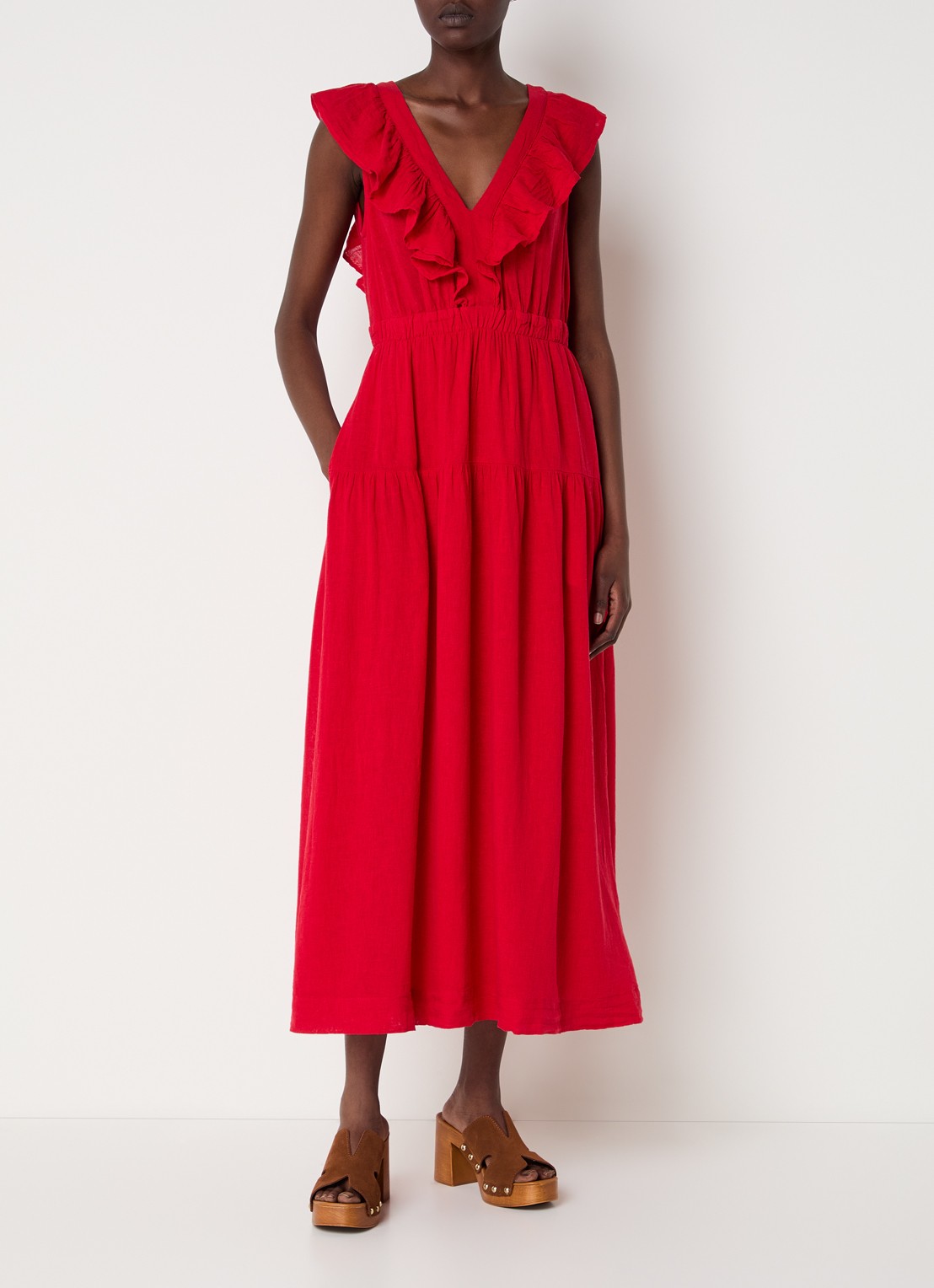 Rails Maxi jurk in linnenblend met ruches - detail 4 rood