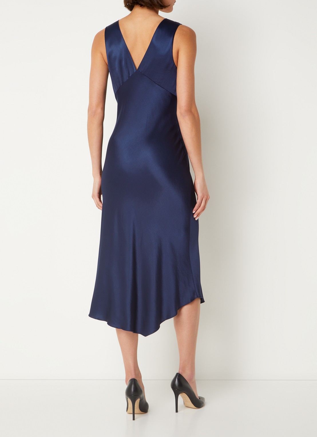 Rails Monique midi jurk van satijn met split - achterkant 3 donkerblauw