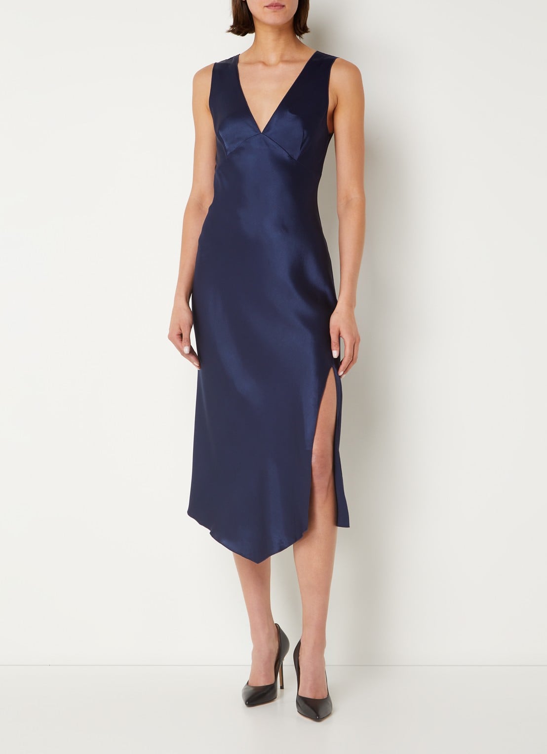 Rails Monique midi jurk van satijn met split - detail donkerblauw