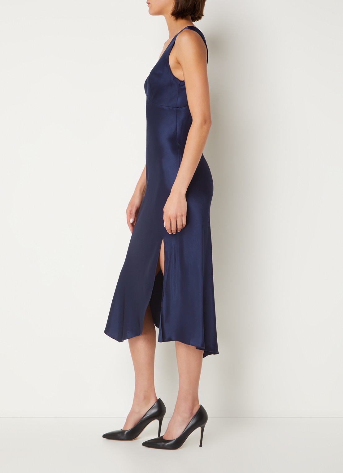 Rails Monique midi jurk van satijn met split - voorkant 5 donkerblauw