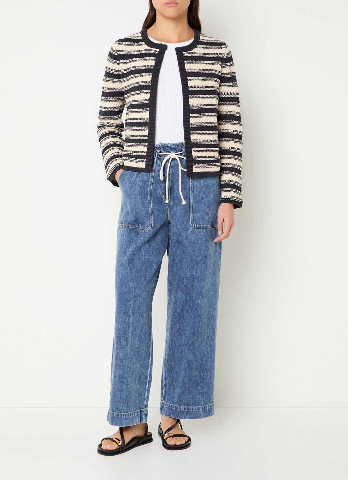 Rails Nelly grofgebreid vest met streepprint - voorkant 4 donkerblauw