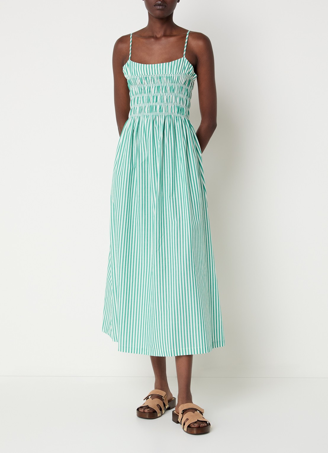 Rails Primrose midi A-lijn jurk met smockwerk en streeprint - detail 4 donkergroen