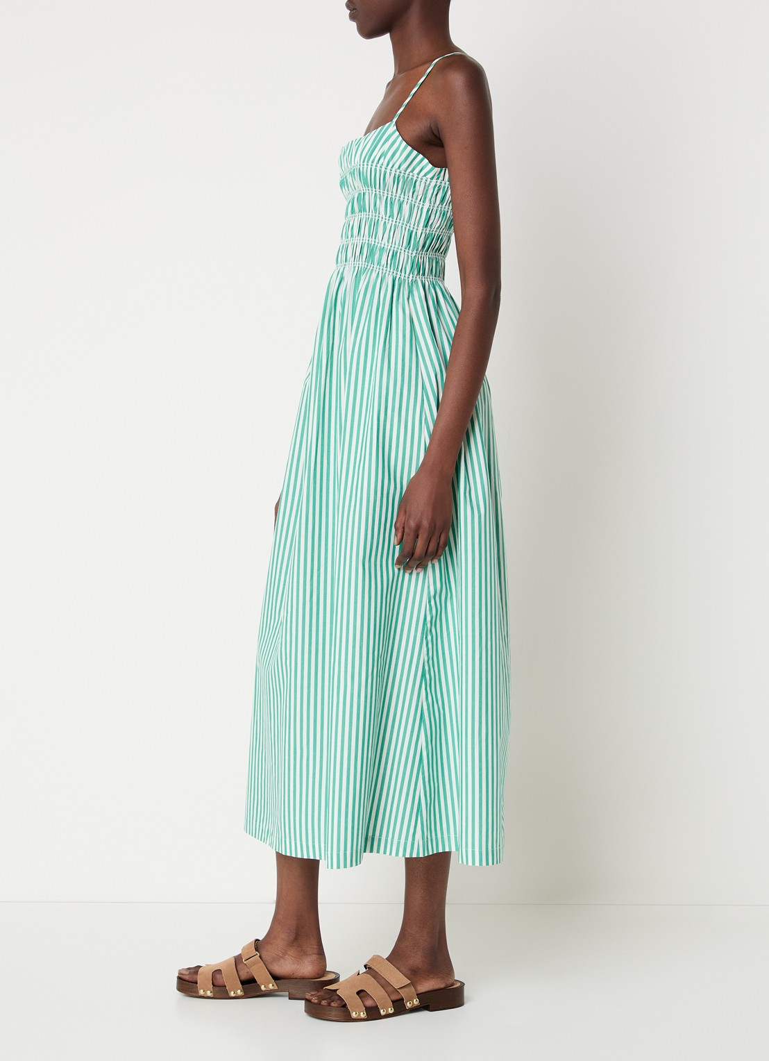 Rails Primrose midi A-lijn jurk met smockwerk en streeprint - voorkant 3 donkergroen