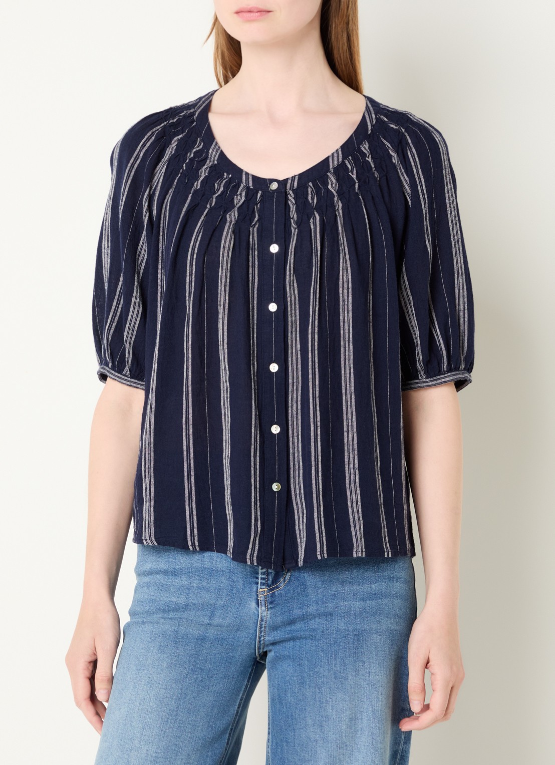 Rails Rix blouse in linnenblend met streepprint - detail 3 donkerblauw