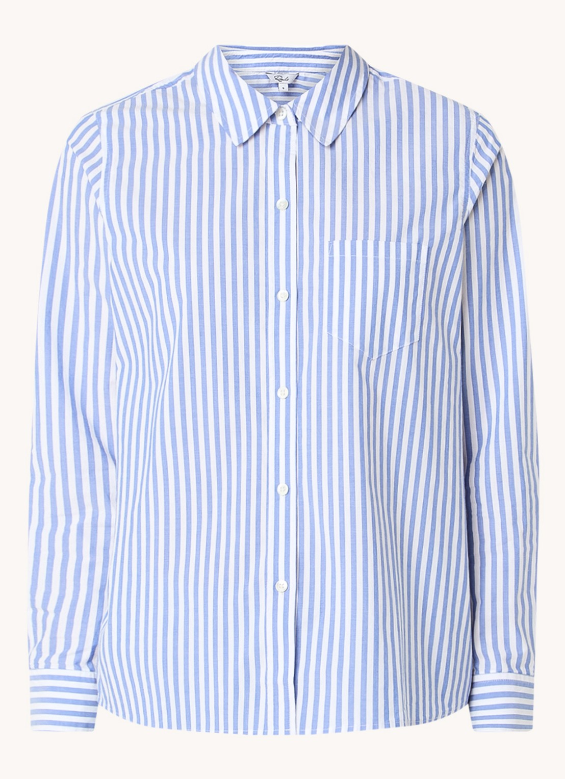 Rails Stina blouse met streepprint en borstzak - voorkant staalblauw