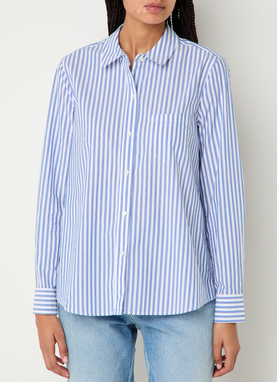 Rails Stina blouse met streepprint en borstzak - detail 6 staalblauw