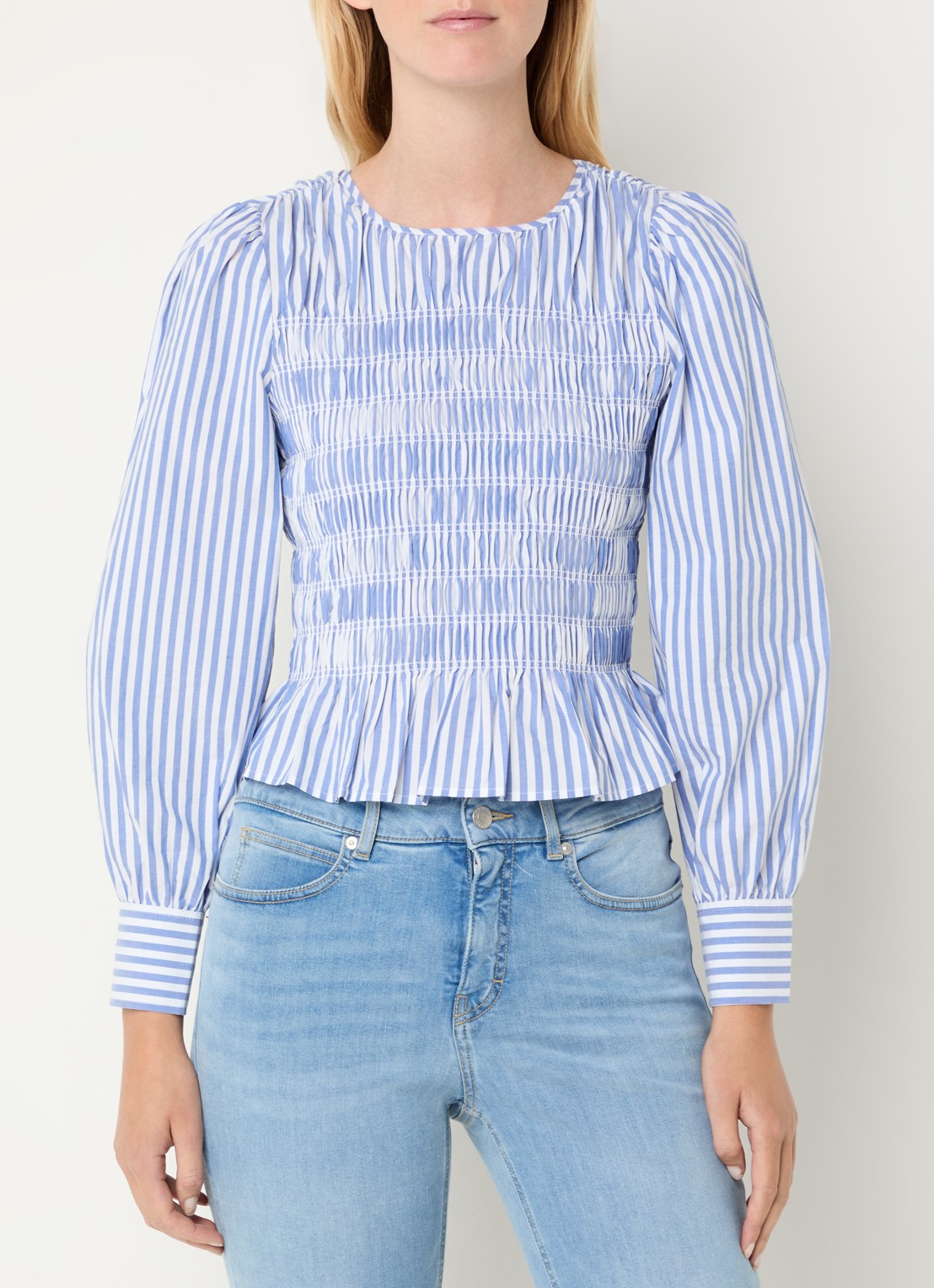 Rails Tabi tuniek met streepprint en smockwerk - detail lichtblauw