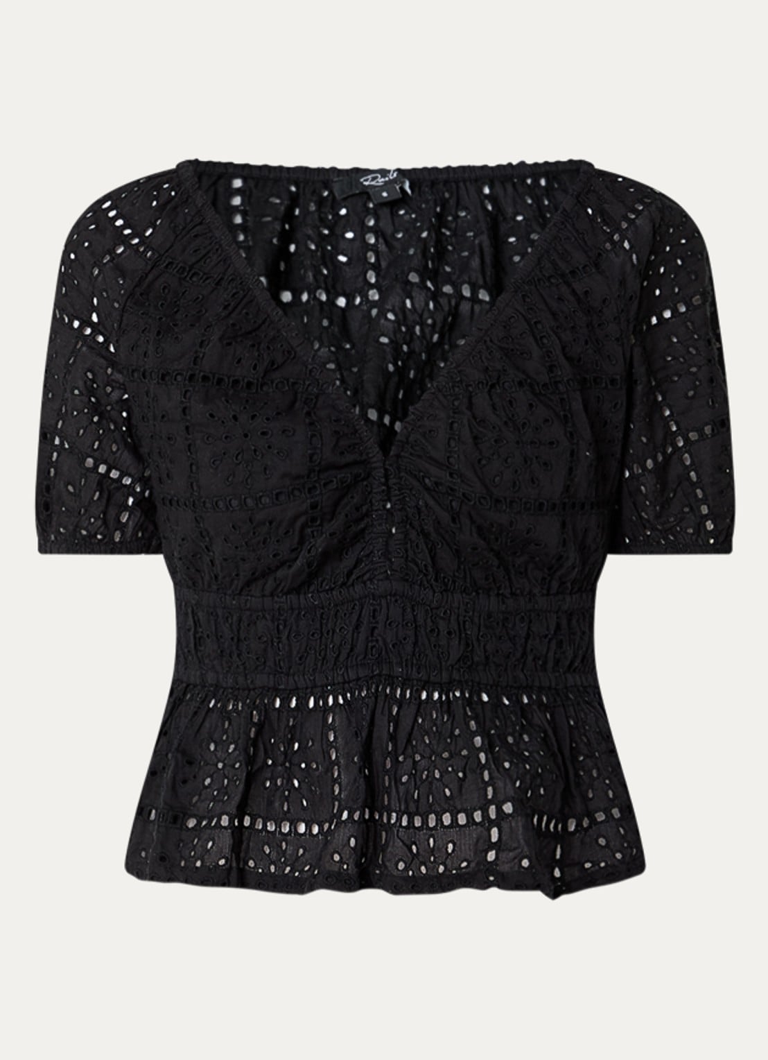 Rails Top met broderie en V-hals - voorkant 3 zwart