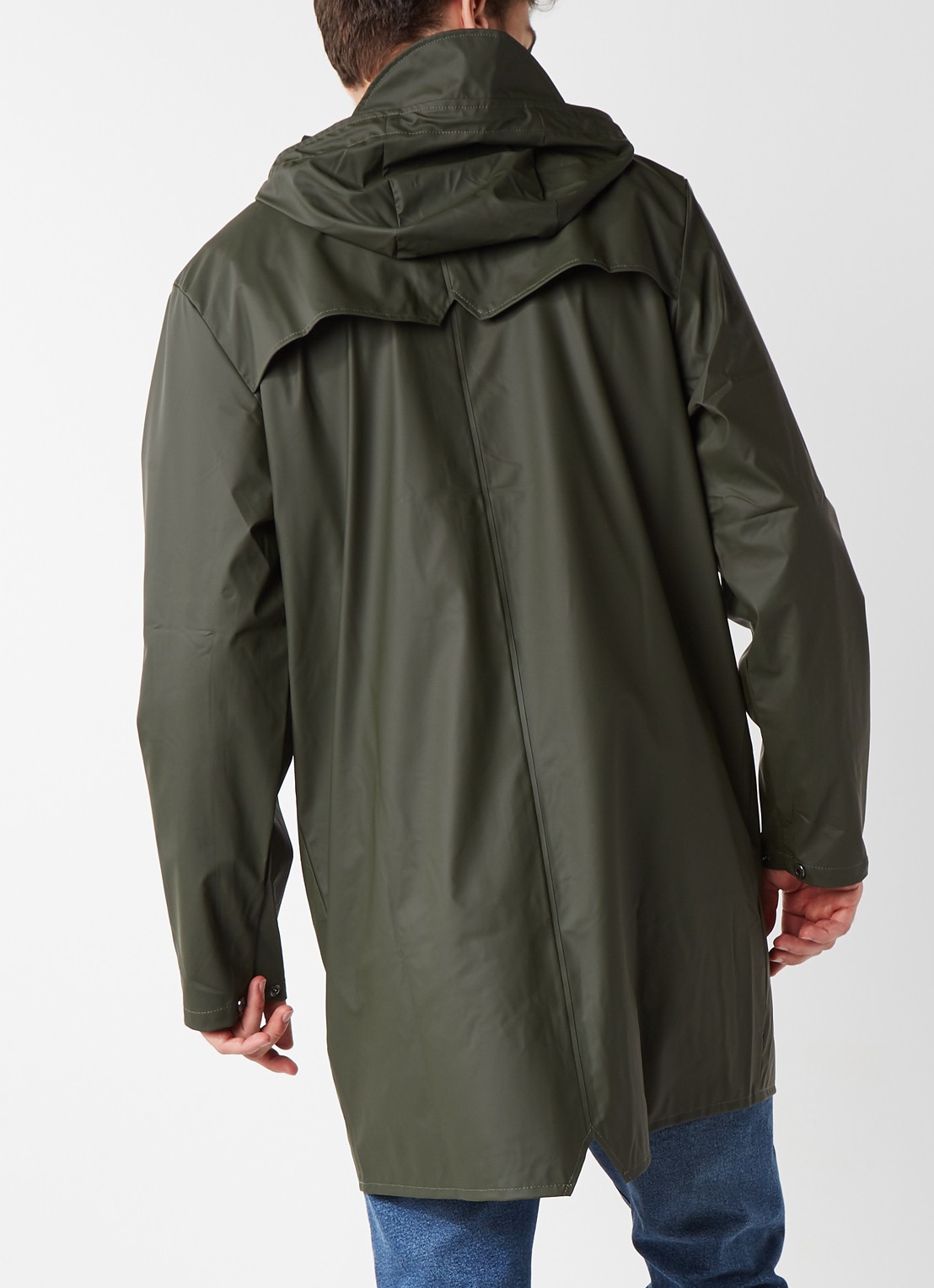Rains 1202 unisex longline regenjas  - achterkant 5 donkergroen