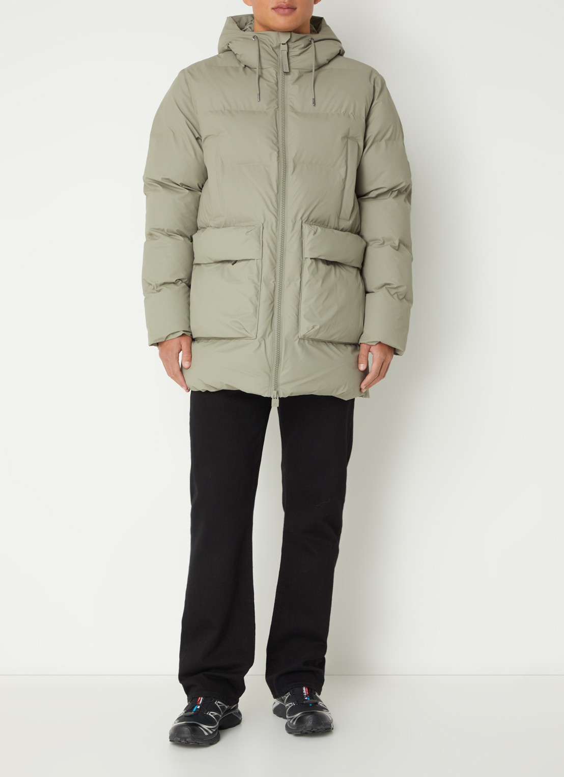 Rains Alta gewatteerde parka met capuchon - voorkant 3 olijfgroen