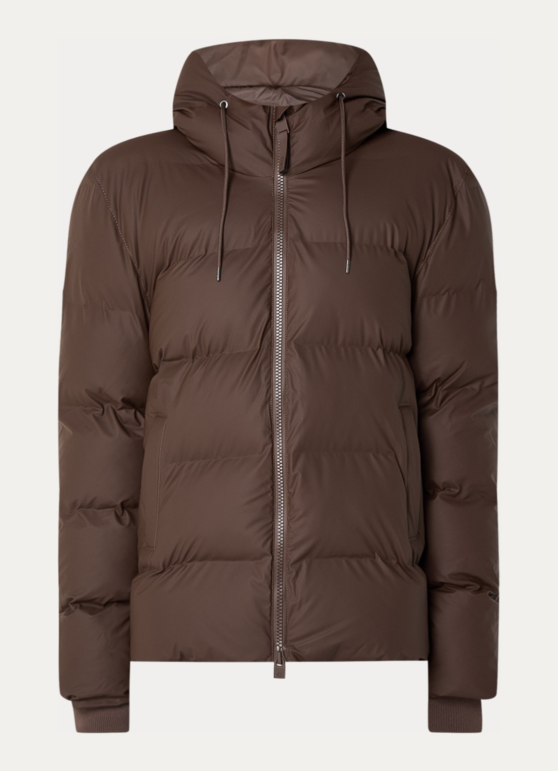 Rains Alta puffer jack met capuchon en steekzakken - voorkant 3 bruin