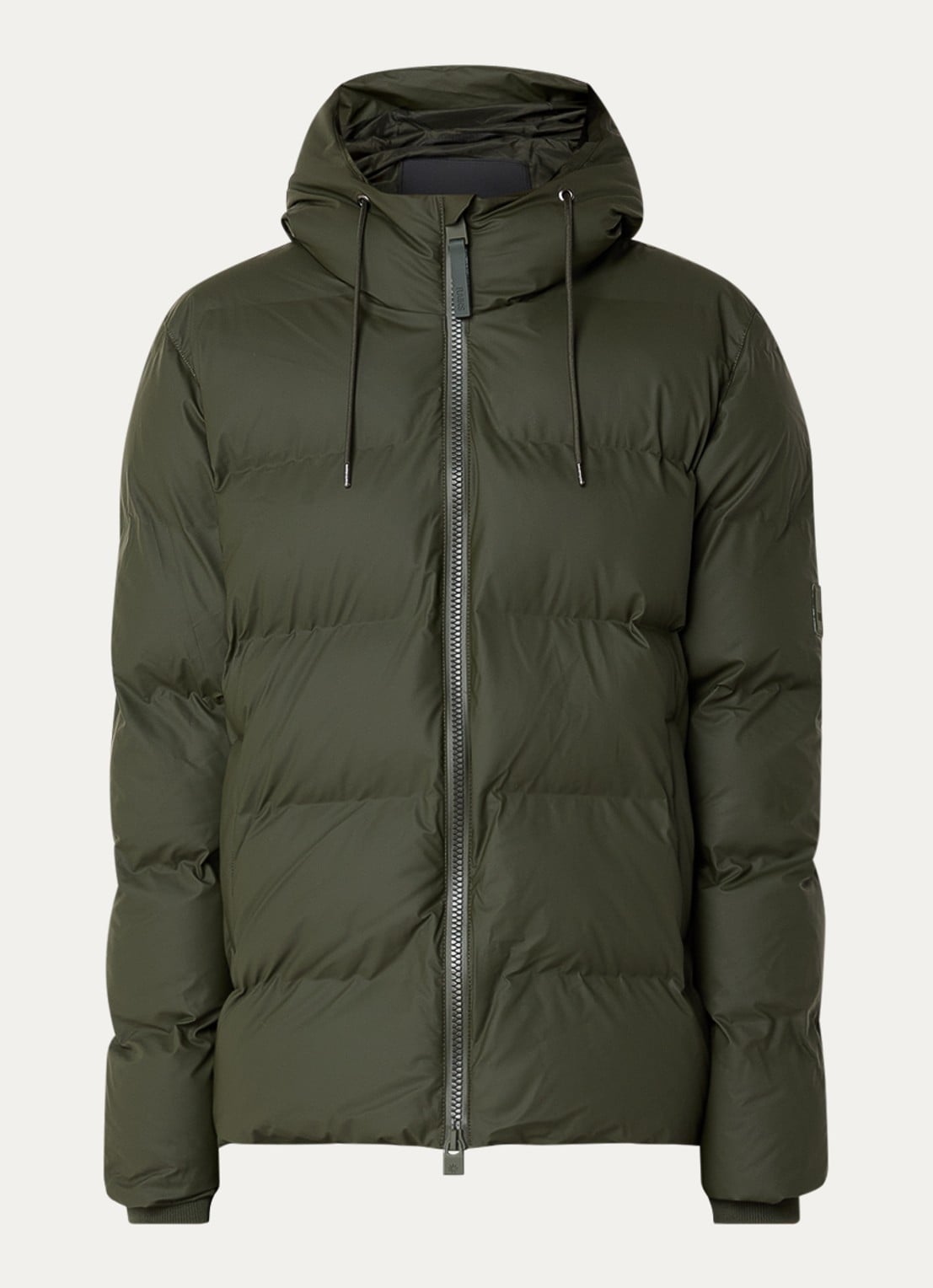 Rains Alta puffer jack met capuchon en steekzakken - voorkant bronsgroen