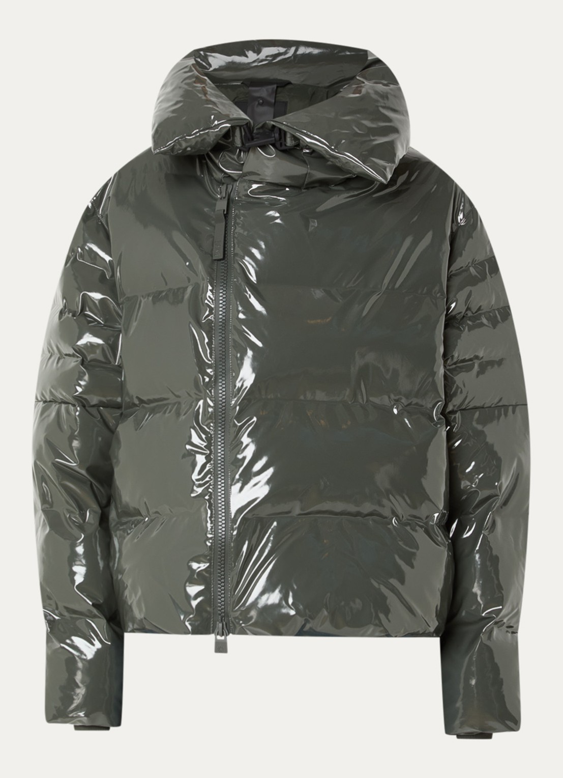 Rains Alta Vision puffer jas met waterafstotende coating en glanzende finish - voorkant 3 legergroen