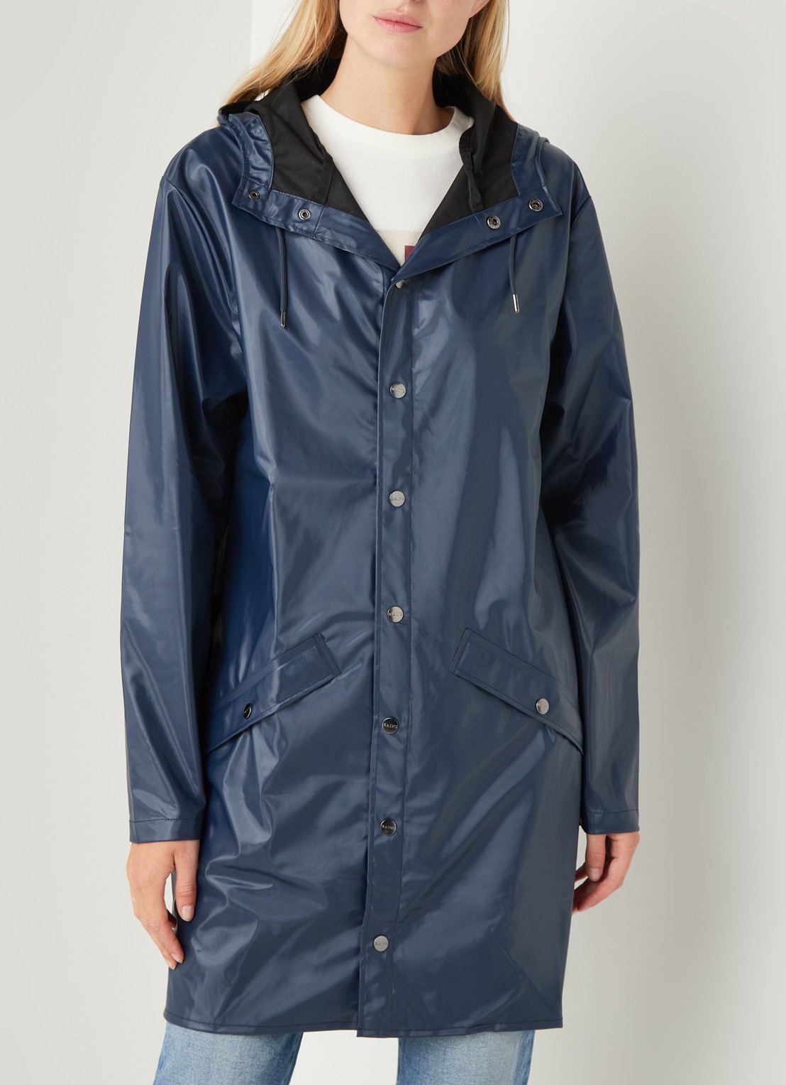 Rains Long Jacket regenjas met capuchon - detail 4 donkerblauw