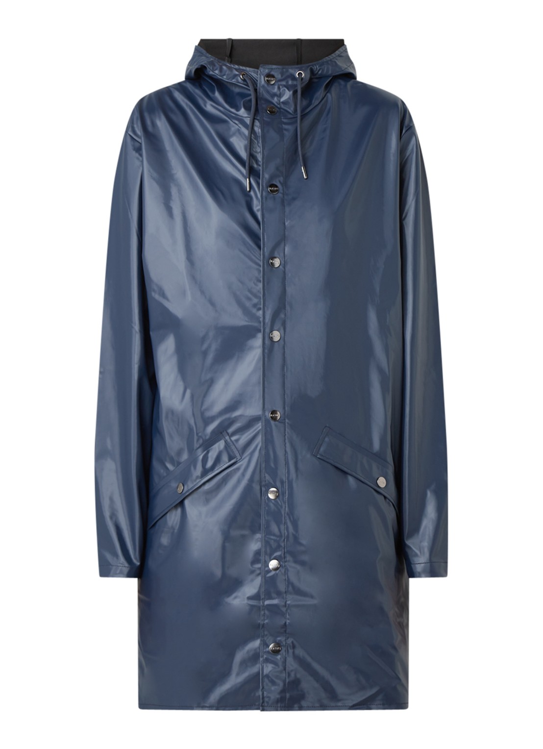 Rains Long Jacket regenjas met capuchon - voorkant donkerblauw