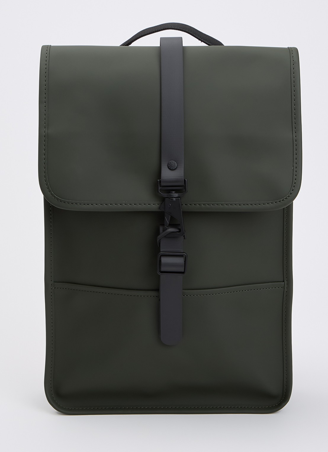 Rains Mini W3 rugzak met 15 inch laptopvak en waterafstotende coating - voorkant donkergroen