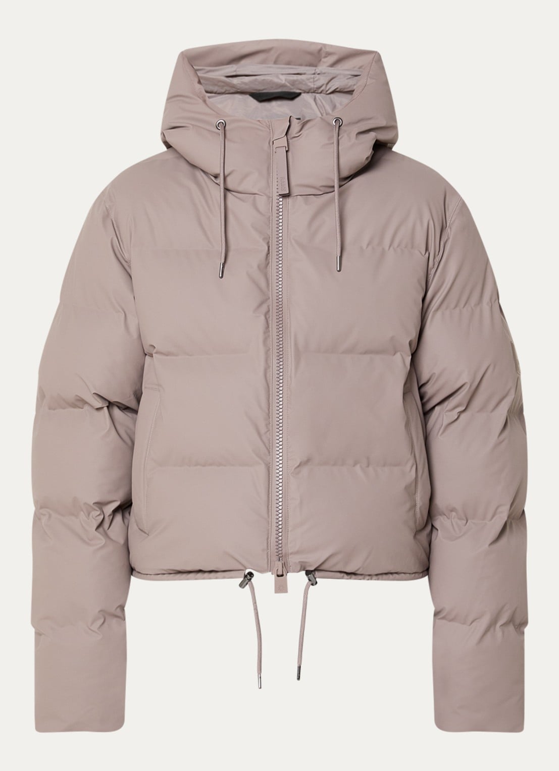 Rains Puffer jack met capuchon en logo - voorkant 2 donkerbeige