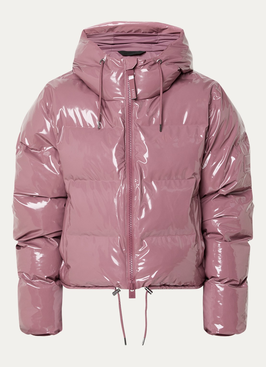 Rains Puffer jack met capuchon en logo - voorkant 2 oudroze