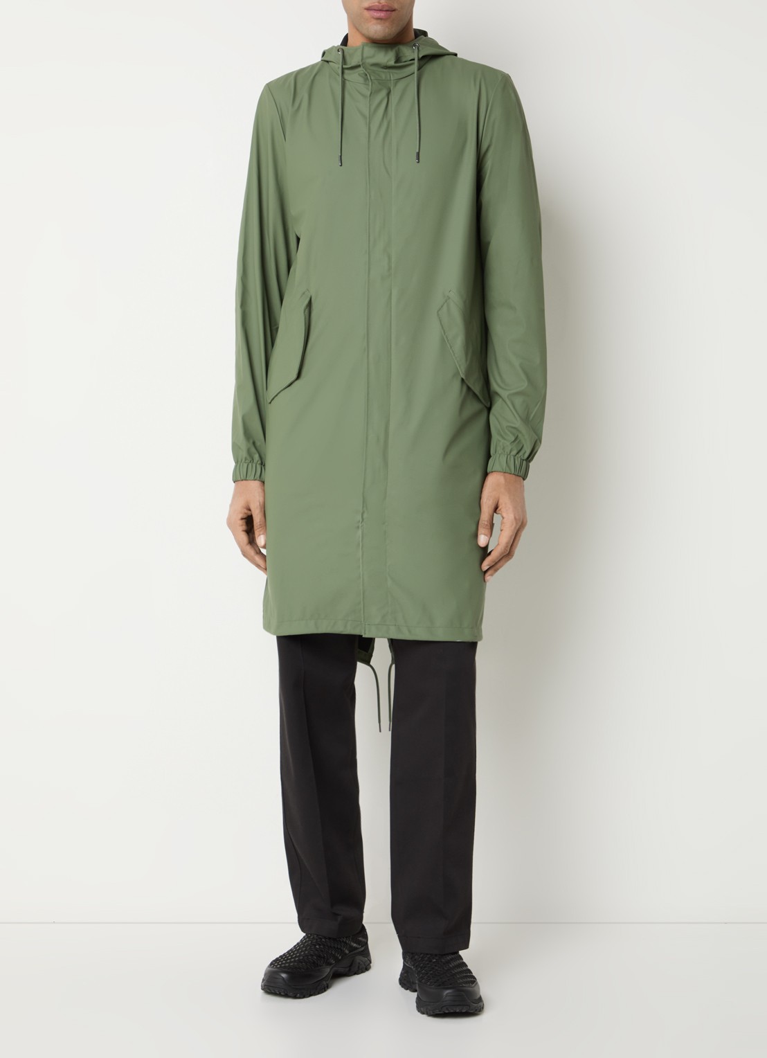 Rains Regenjack met capuchon en klepzakken - voorkant 3 legergroen