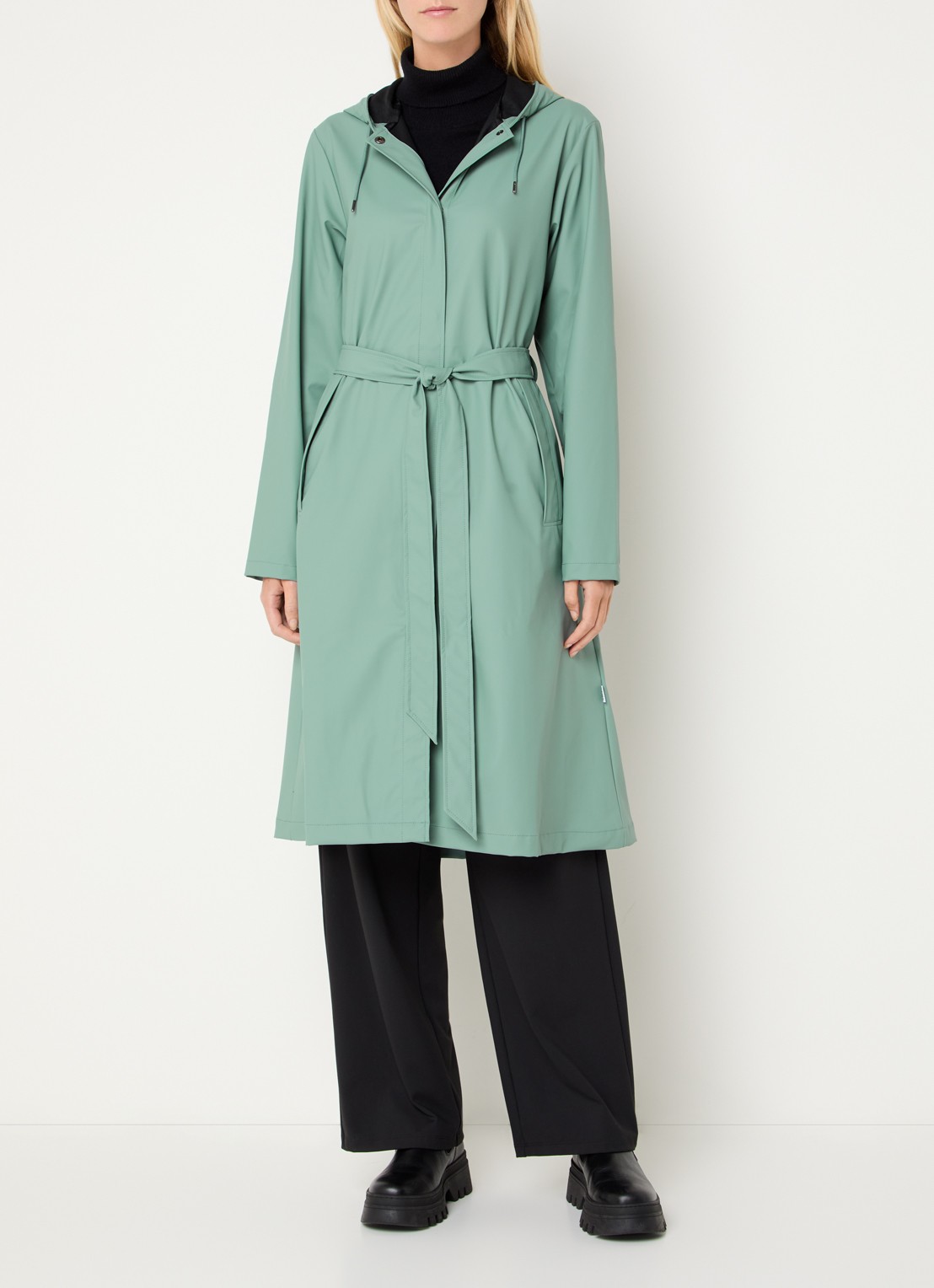 Rains Regenjas met capuchon en strikceintuur - voorkant 4 mint