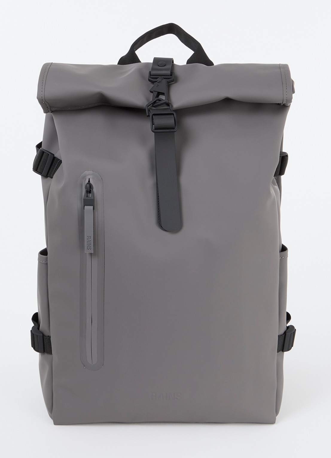 Rains Rolltop Large rugzak met 16 inch laptopvak en waterafstotende coating - voorkant grijs