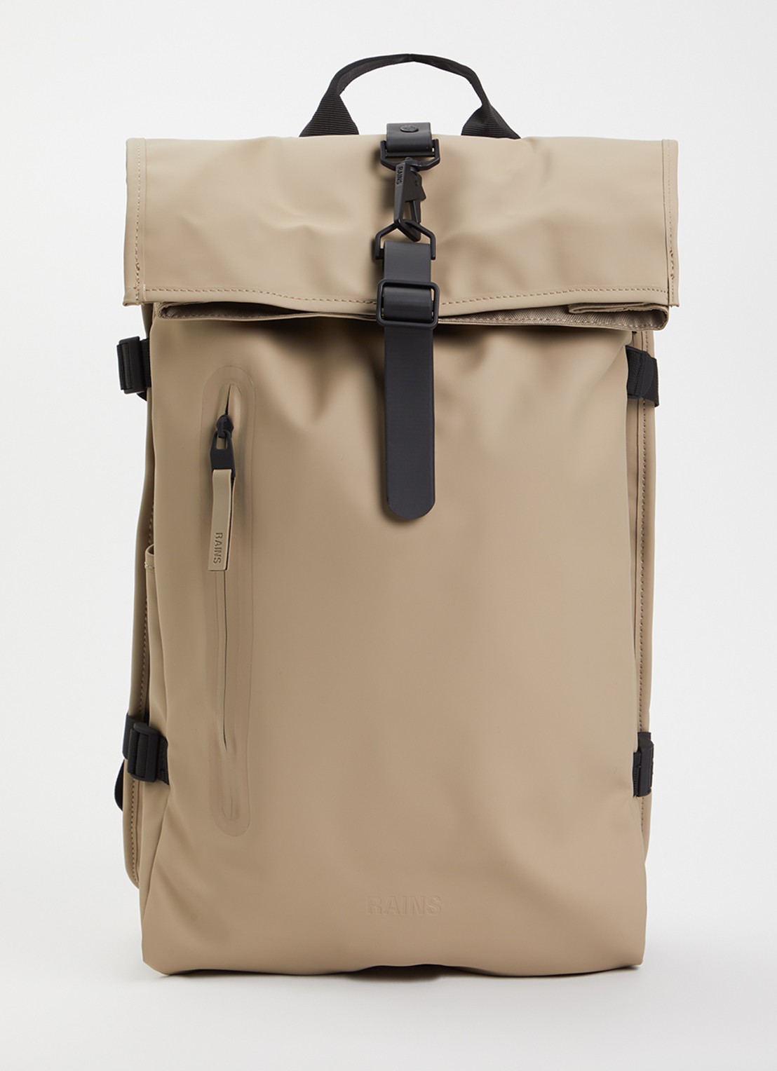 Rains Rolltop Large rugzak met 16 inch laptopvak en waterafstotende coating - voorkant beige