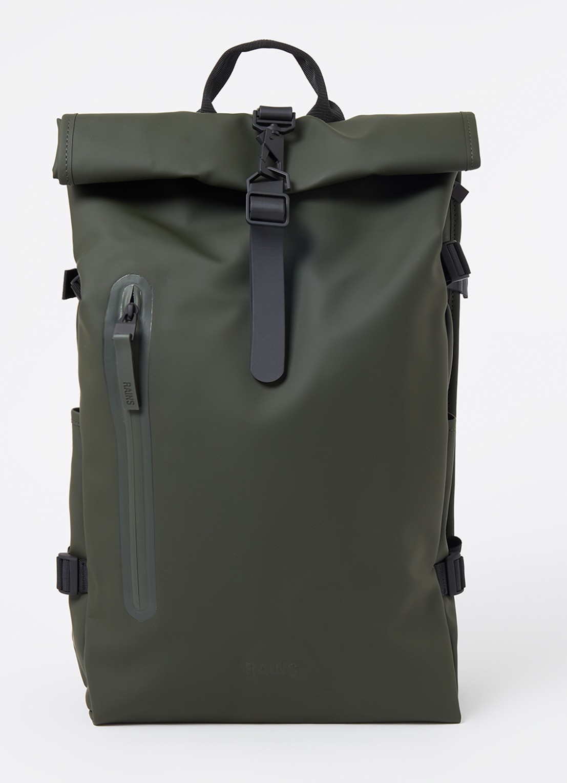 Rains Rolltop Large rugzak met 16 inch laptopvak en waterafstotende coating - voorkant 3 bronsgroen