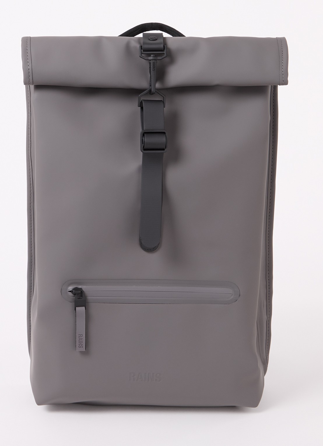 Rains Rolltop rugzak met waterafstotende coating en 15 inch laptopvak - voorkant 3 grijs