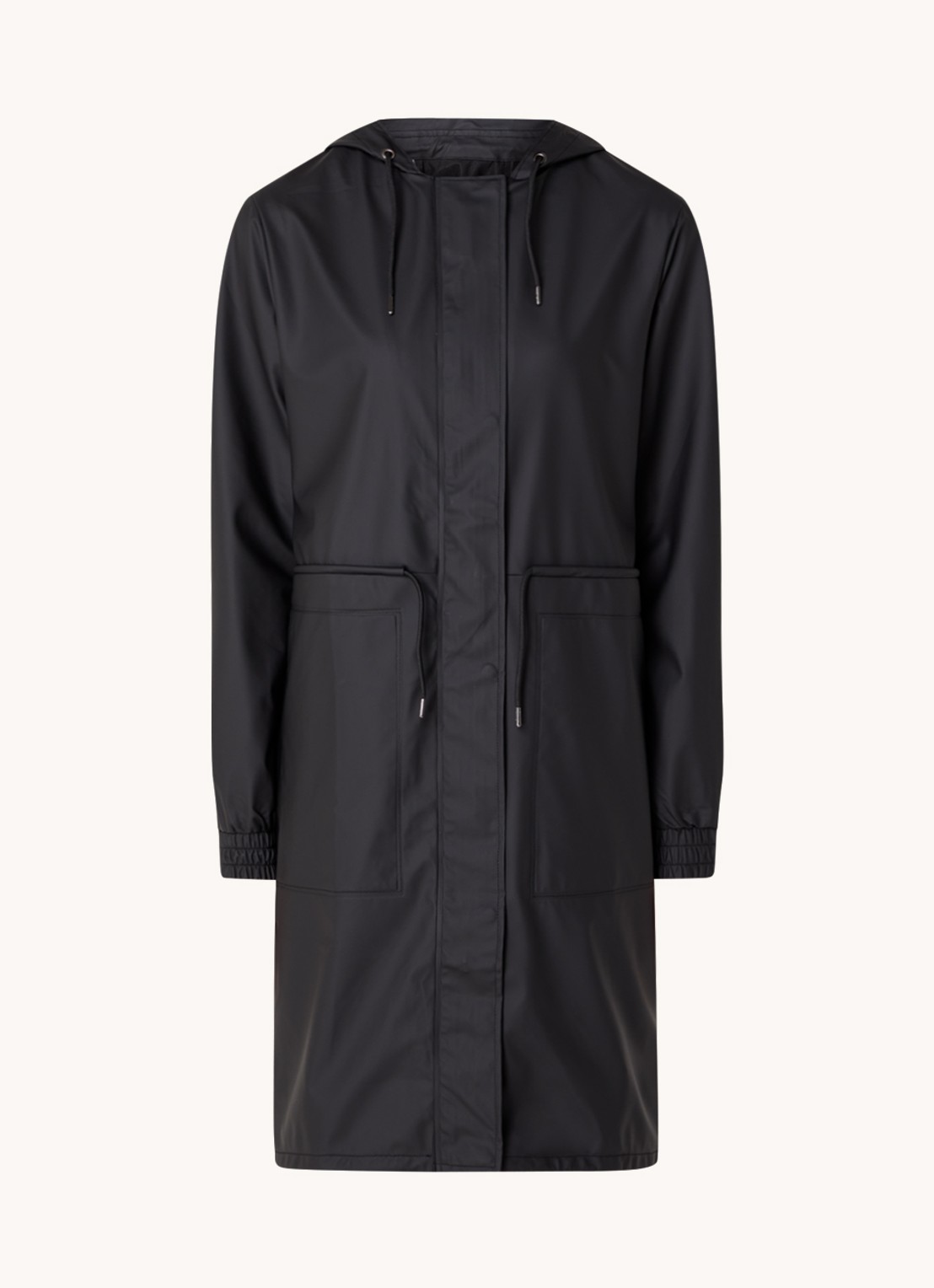 Rains String W parka met capuchon en trekkoord - voorkant zwart