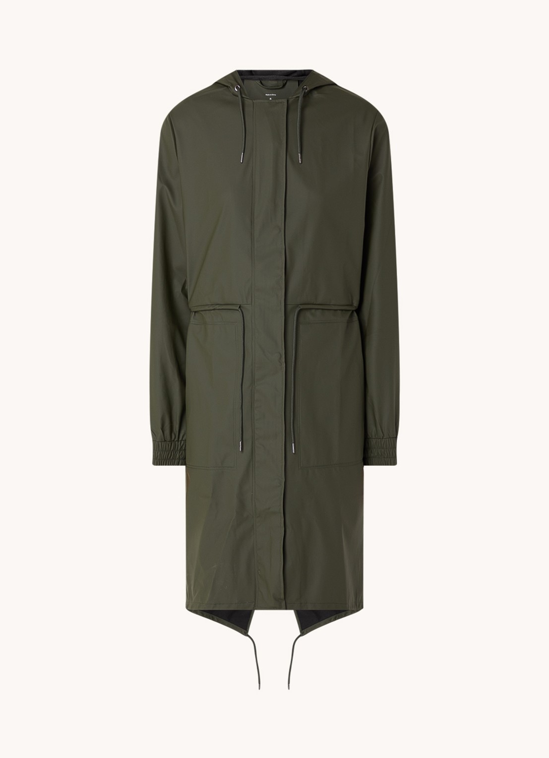 Rains String W parka met capuchon en trekkoord - voorkant donkergroen