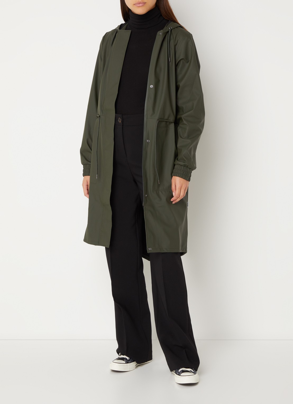 Rains String W parka met capuchon en trekkoord - voorkant 2 donkergroen