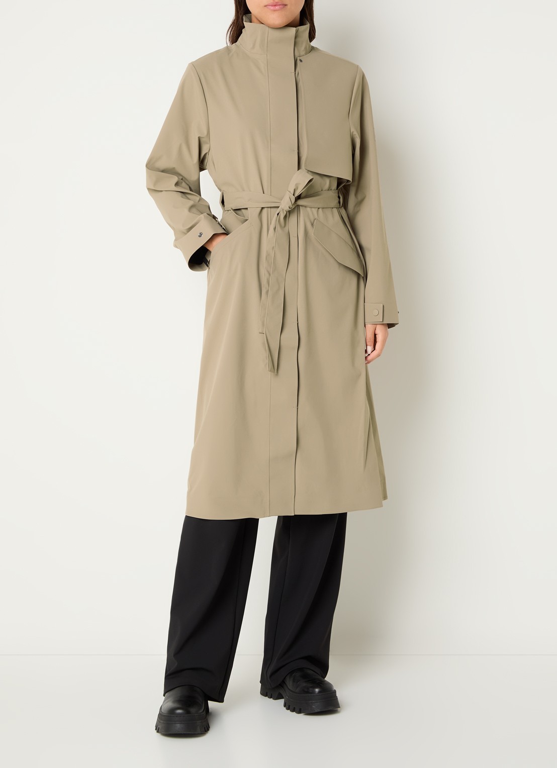 Rains Suv regenjas met strikceintuur en capuchon - voorkant 3 khaki