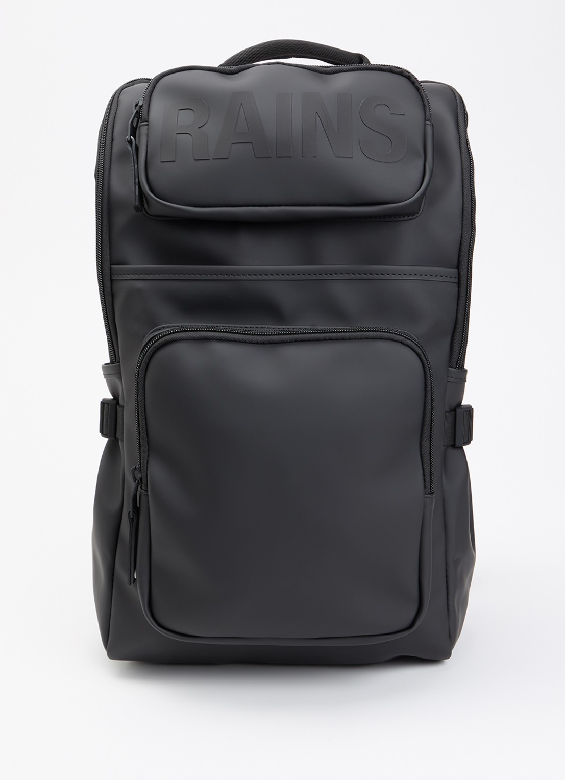 Rains Texel Cargo rugzak met 16 inch laptopvak en waterafstotende coating - voorkant 2 zwart